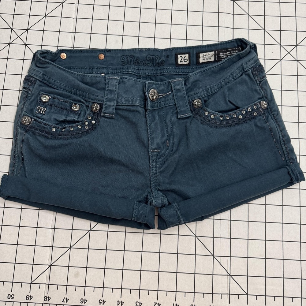 Miss Me Shorts Womens 26 Blue Denim Cuffed Hot Pants‎ Rhinestone Studded Jean